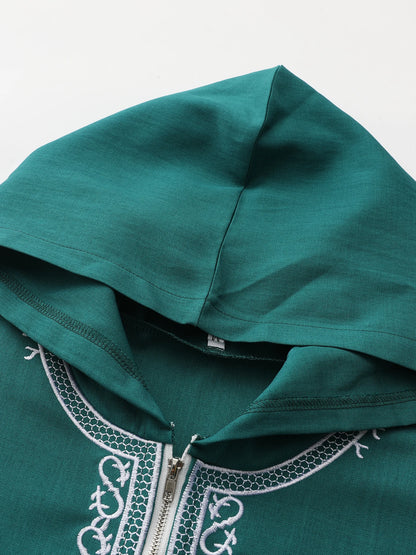 Short-sleeved, hooded, embroidered Muslim pocket Thobe, casual Arab style, traditional Gandoura prayer festival clothing for men