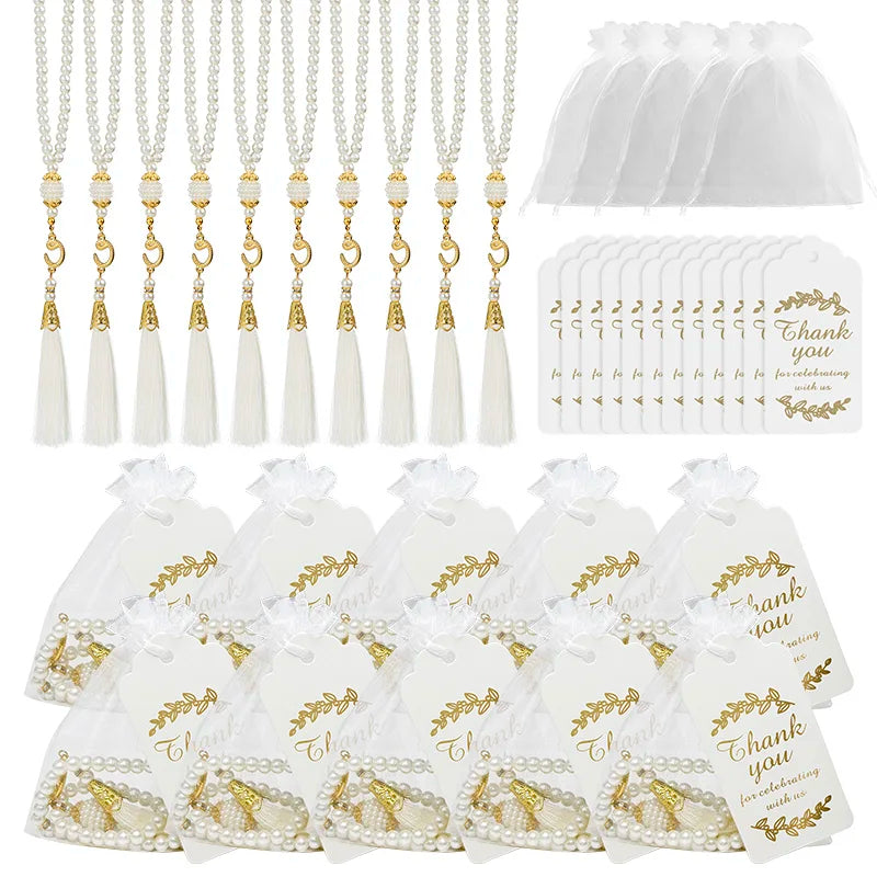 15/30Pcs Ramadan Glass Pearl Muslim Bracelet Prayer Beads Tassel Thank You Card Organza Bags Eid Mubarak Favor Gift for Home