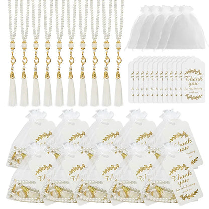 15/30Pcs Ramadan Glass Pearl Muslim Bracelet Prayer Beads Tassel Thank You Card Organza Bags Eid Mubarak Favor Gift for Home