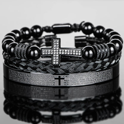 Men'S Vintage Black Onyx Beaded Bracelet with Synthetic Zirconia Cross, Bible Verses Stainless Steel Wristband Religious Jewelry