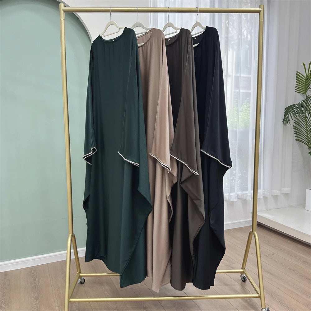 Eid Muslim Kaftan Satin Batwing Abaya Dubai Luxury Arabic African Dresses Abayas For Women Caftan Marocain Robe Femme Musulmane