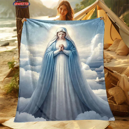 6 Size Merciful Virgin Mary Flannel Art Blanket, Home Sofa Office Nap Blanket for Four Seasons, Machine Washable Flannel Blanket
