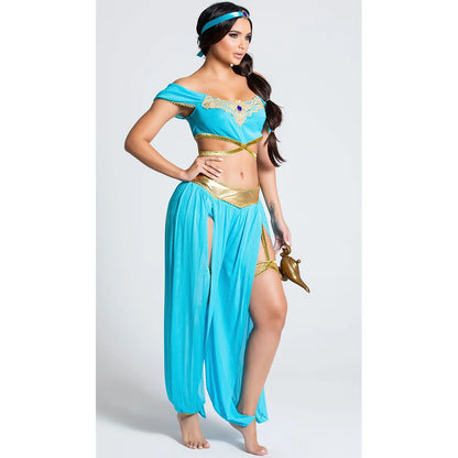 New Arrival In Stock Halloween Aladdin Jasmine Princess Cosplay Sexy Role Play Performance Costume Blue Stage Outfit