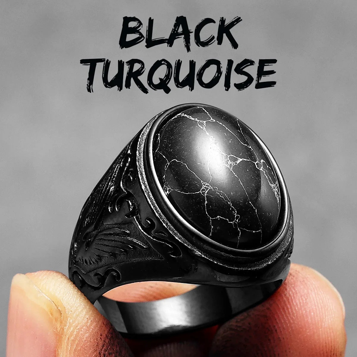 Vintage Black Turquoise Carved Men Rings Stainless Steel Punk Rock Luxury Fashion Jewelry Accessories For Women Gift Wholesale