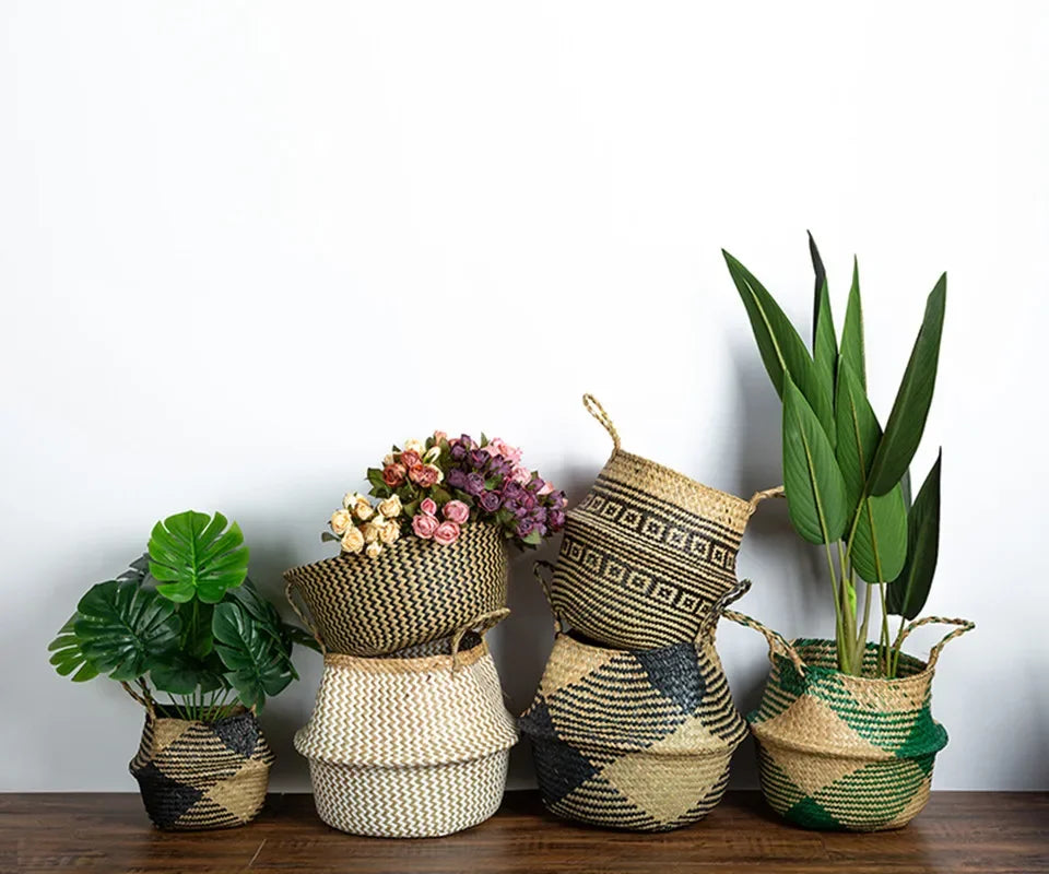 WHISM Handmade Seagrass Storage Basket Flower Pot Rattan Container Toys Organizer Holder Laundry Basket Home Decor Dropshipping