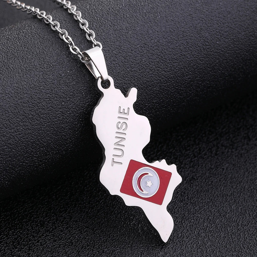 Tunisia Map & Flag Pendant – Stainless Steel Necklace, Gold & Silver Tone