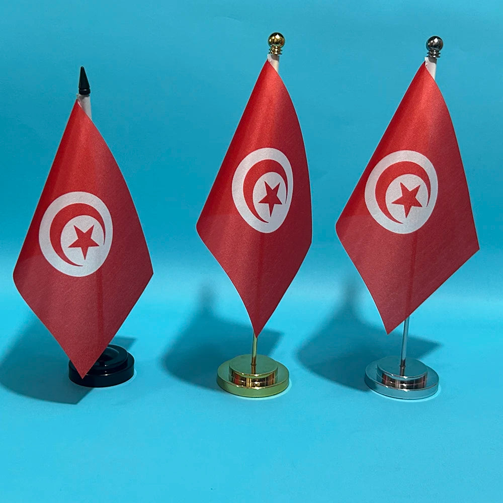 Tunisia Desk Flag 14×21cm – Polyester National Banner with Stand