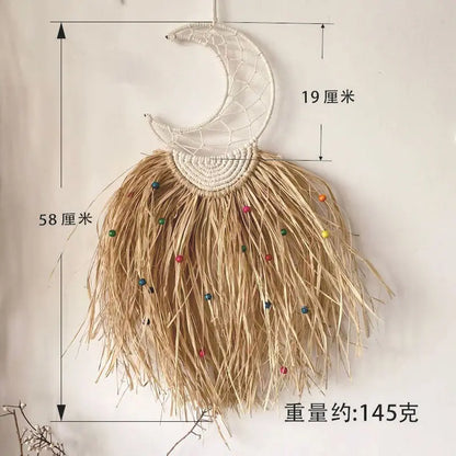 Raffia Woven Wall Hanging, Japanese Moroccan Style Grass Decor for Hotel B&B, Wooden Frame Wall Art