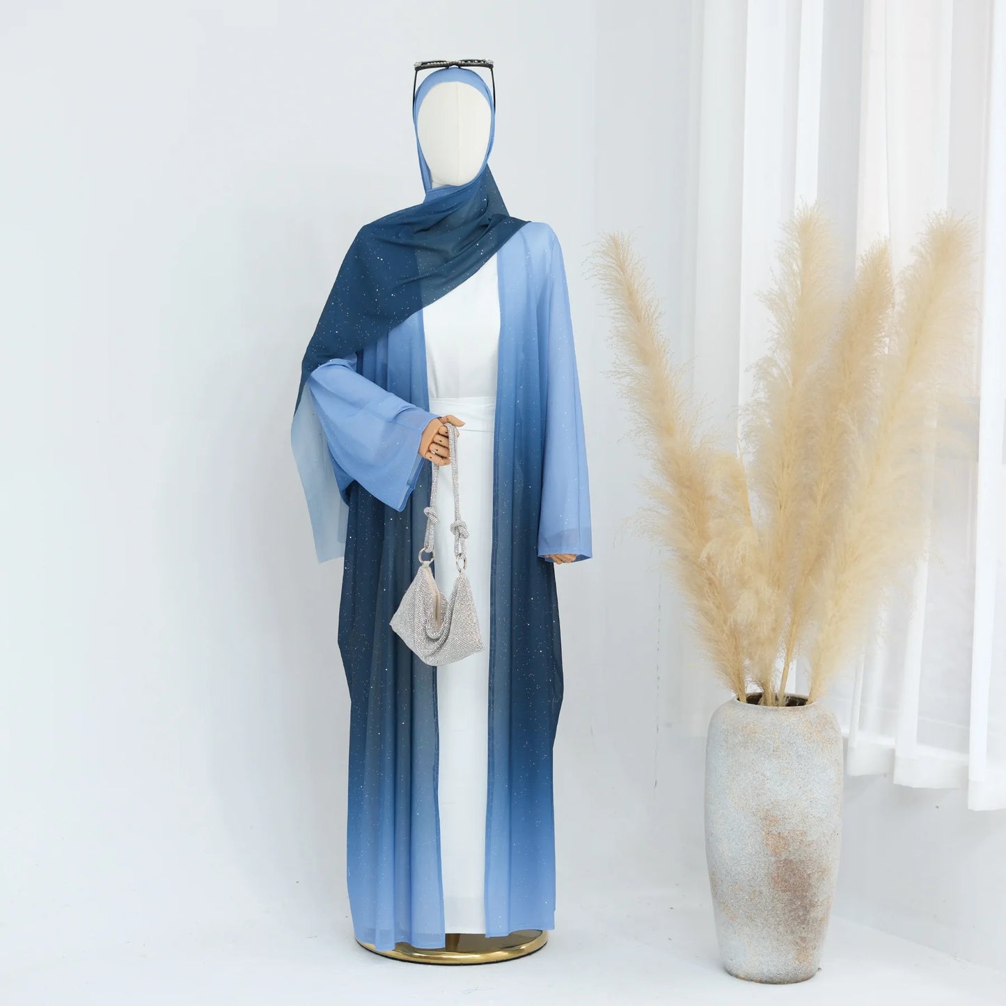 Islamic Shiny Gradient Color Cardigan for Women Muslim Hijab Abaya Dubai Party Dresses Turkey Kaftan Moroccan Robe Fashion