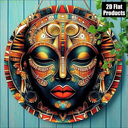 2D Flat Colorful Tribal Mask with Geometric Patterns Round Tin Sign Vintage Metal Wall Art for Home, Ethnic, African Inspired De