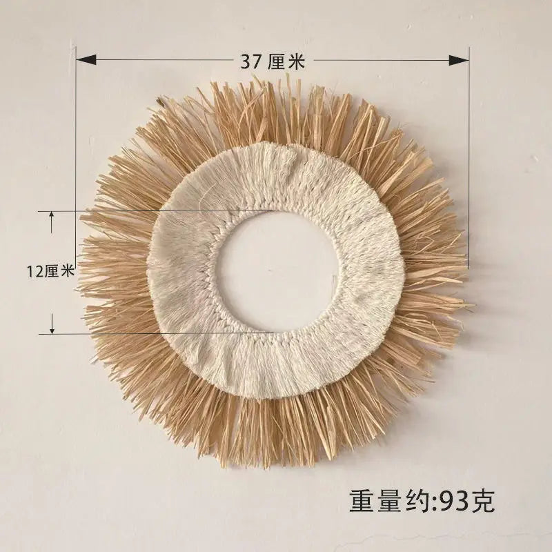Raffia Woven Wall Hanging, Japanese Moroccan Style Grass Decor for Hotel B&B, Wooden Frame Wall Art