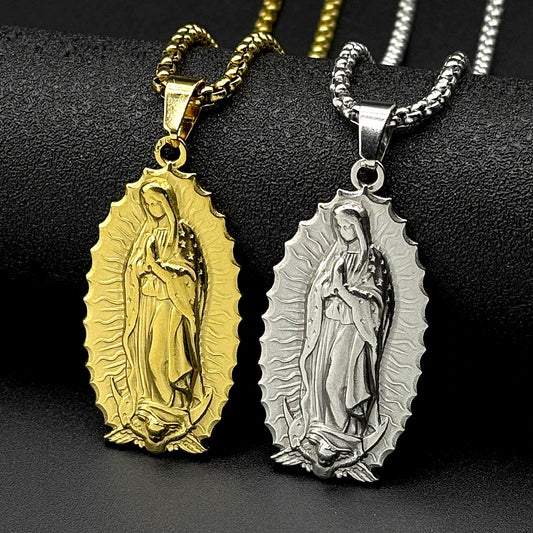 Catholic Virgin Mary Pendant Necklace for Women Men Stainless Steel Gold Color Our Lady of Guadalupe Faith Amulet Chain Jewelry