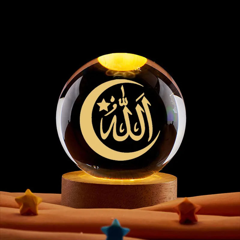 Ramadan Glowing Mosque Crystal Ball Ornament Islamic 3D Home Interior Party Desk Rotating Decoration Figurines Atmosphere Gifts