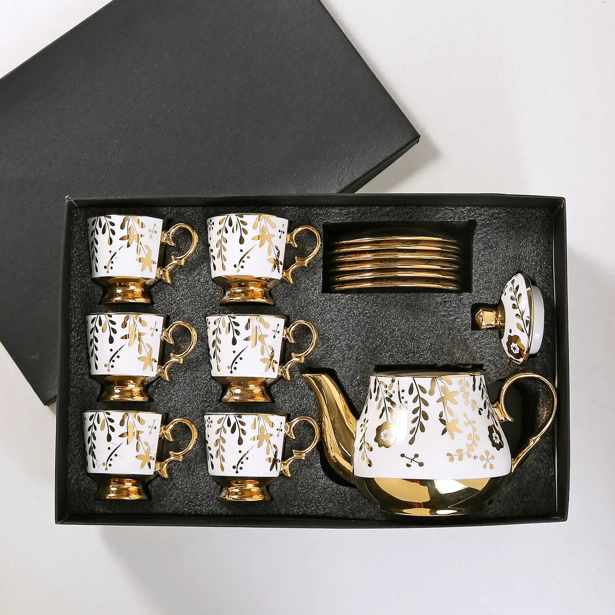 European Arabic Style Gold Plated 6 Cups and 6 Plates and Pot Gift Box Set Ceramic Tea Coffee Cup and Saucer Set for Parties