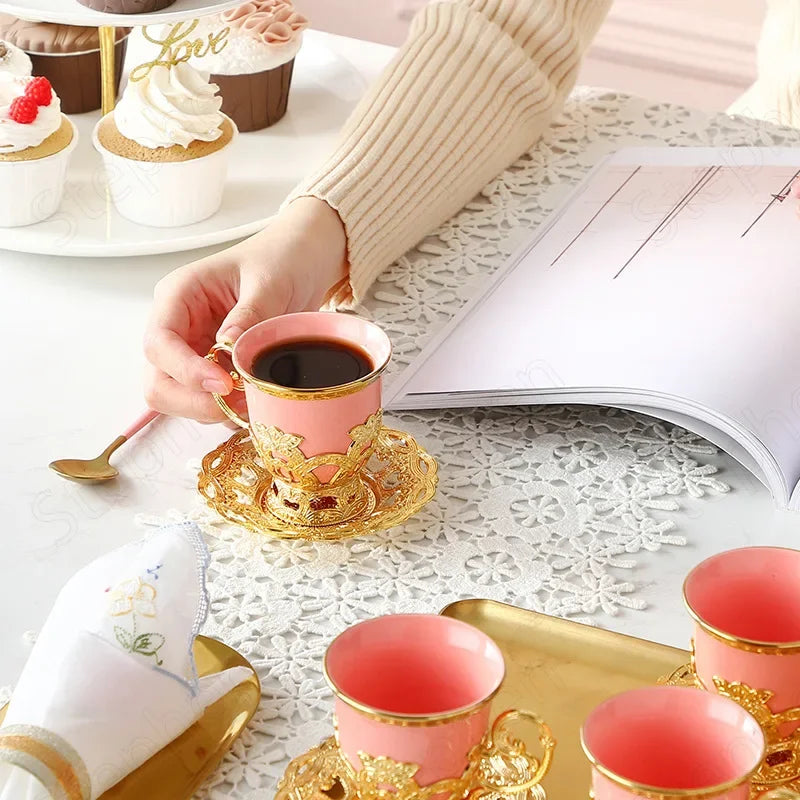 Golden Border Turkish Coffee Cups – Ceramic Cup & Saucer Set, Classic Afternoon Tea