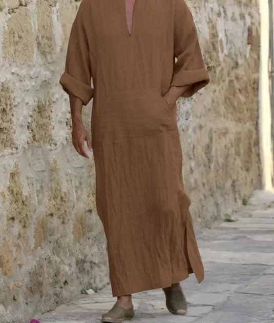 The Essential Thobe – Solid Color Cotton Linen Kaftan for Men