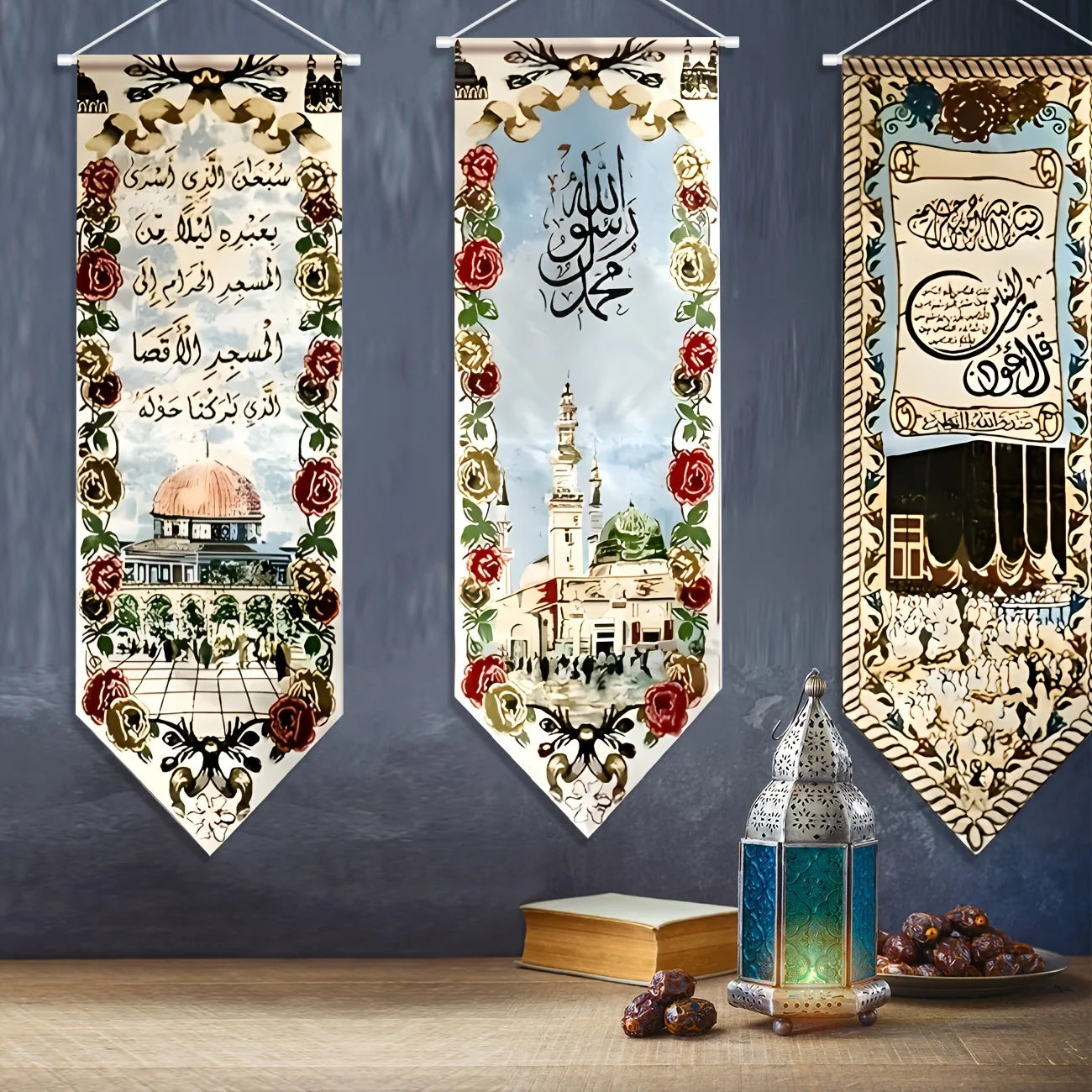 3Pcs Eid Mubarak Decorations Ramadan Kareem Hanging Door Sign Ramadan Mubarak Banner Party Decorations Welcome Wall Banner for