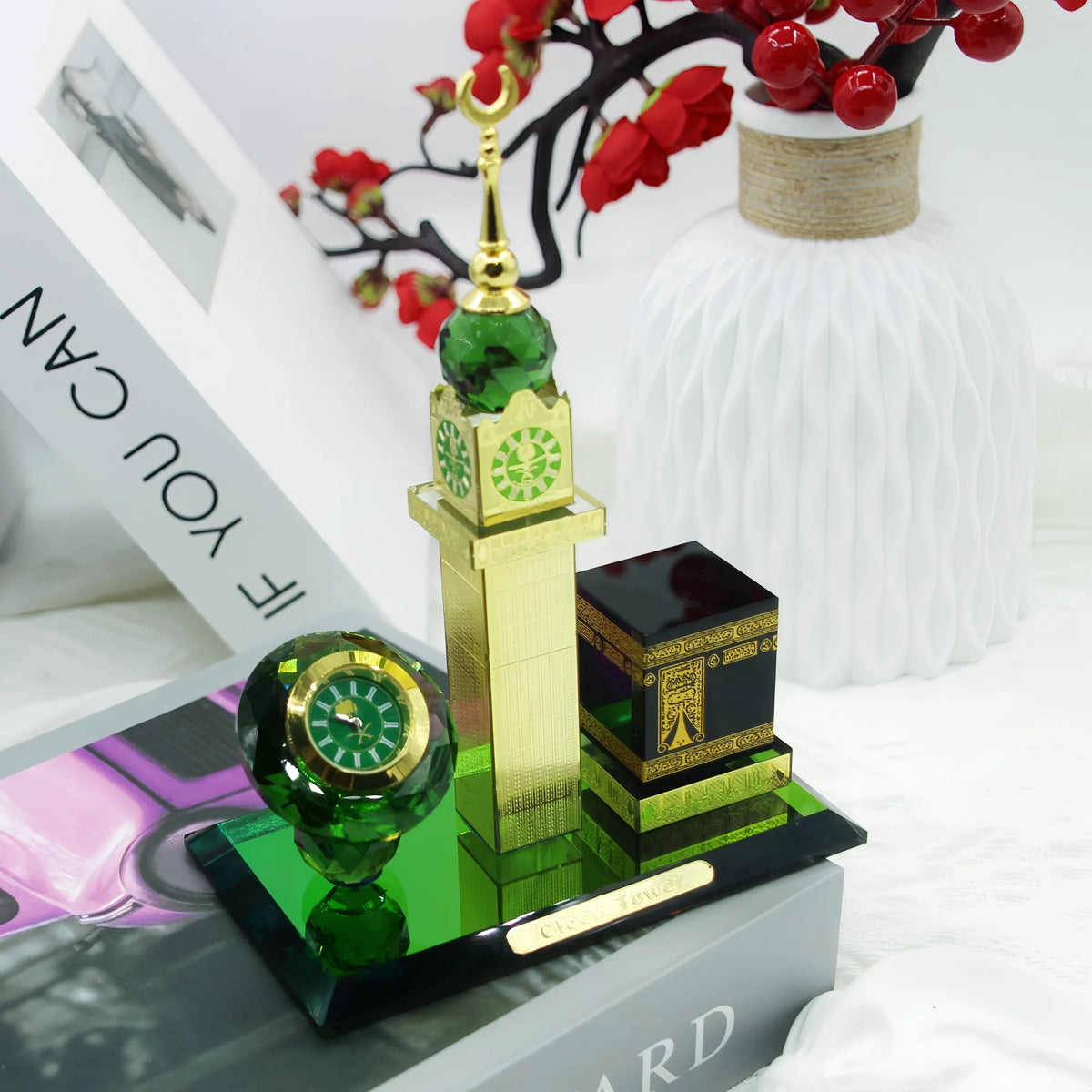 Islamic Crystal Kaaba Clock Tower Figurine Desktop Ornament Religious Architecture Model