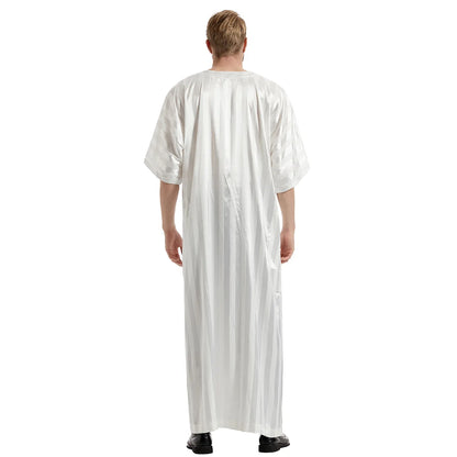 Middle Eastern Muslim Men's Striped Middle Sleeve Embroidered Robe Half Sleeve Arabic Costume Traditional Men's Robe