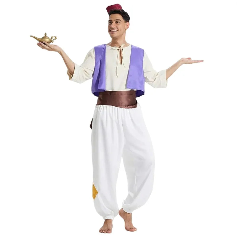 Men's Aladdin Prince Costume Fantasy Movie Character Outfit Halloween Cosplay Set  Hat Magic Lamp Prop Party Performance Costume