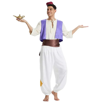 Men's Aladdin Prince Costume Fantasy Movie Character Outfit Halloween Cosplay Set  Hat Magic Lamp Prop Party Performance Costume