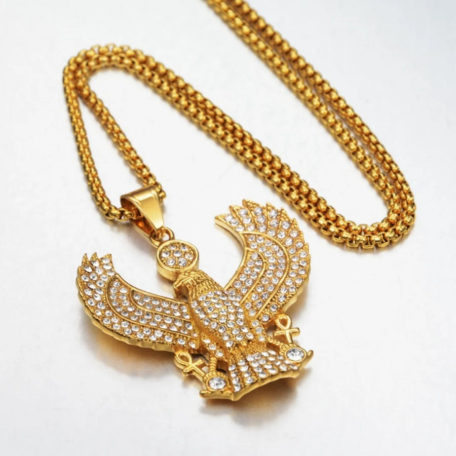 Iced Out Egyptian Ankh & Eagle Pendant – Stainless Steel Pharaoh Necklace for Men & Women