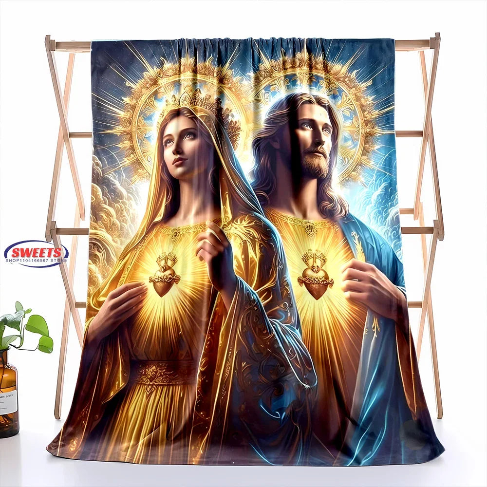 6 Size Merciful Virgin Mary Flannel Art Blanket, Home Sofa Office Nap Blanket for Four Seasons, Machine Washable Flannel Blanket