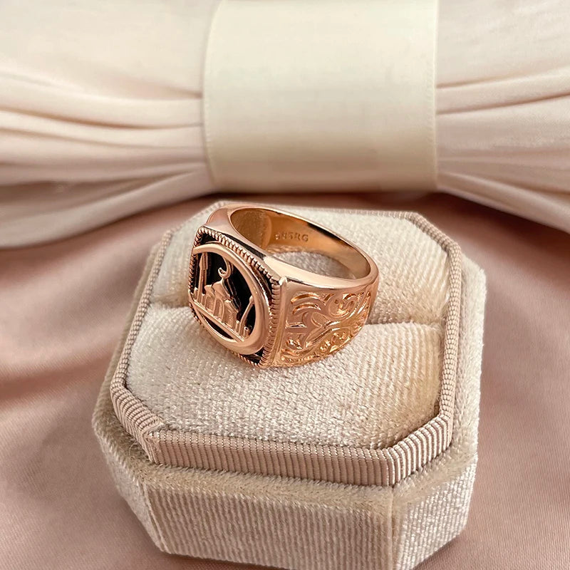 SYOUJYO Black Signet Men's Ring With 585 Rose Gold Color Castle Pattern Exquisite Carving Big Size Easy-Matching Daily Jewelry