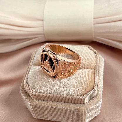 SYOUJYO Black Signet Men's Ring With 585 Rose Gold Color Castle Pattern Exquisite Carving Big Size Easy-Matching Daily Jewelry