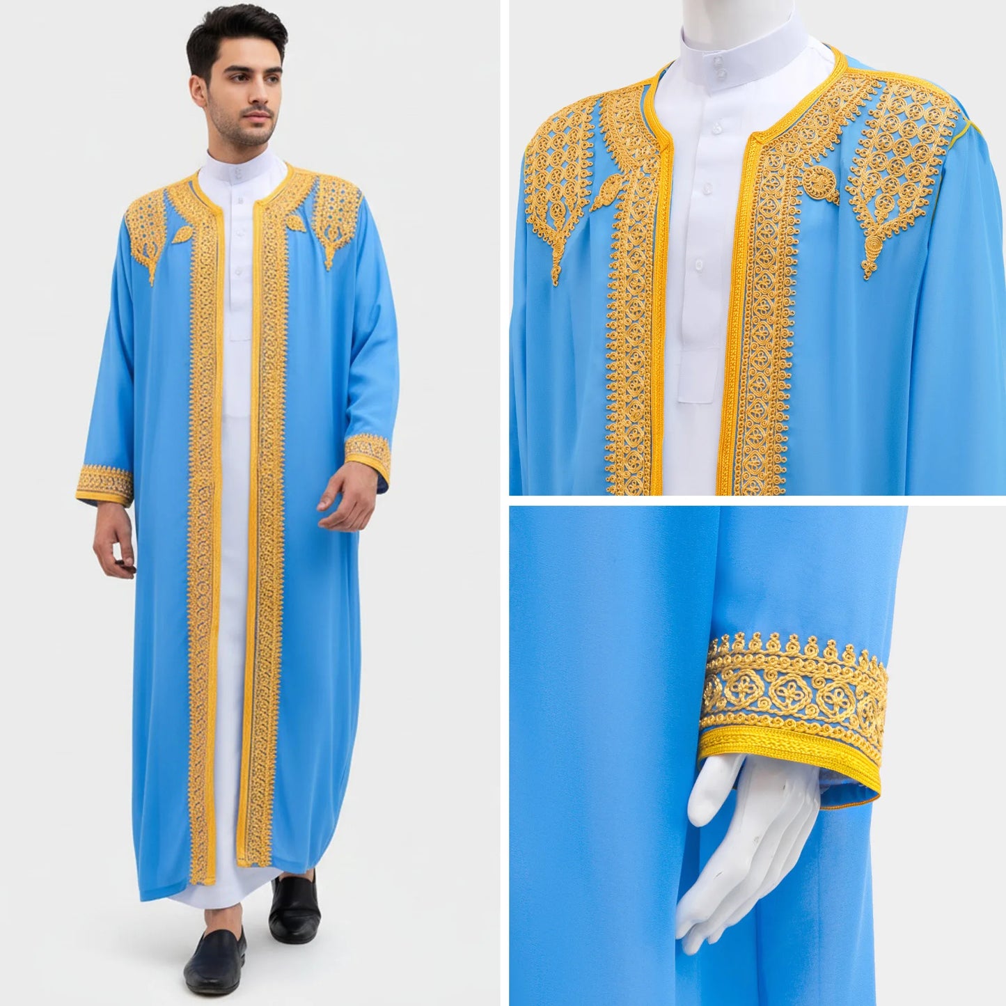 Traditional Arab Men's Robe Thobe Embroidered Dress Middle Eastern Ethnic Jubba Thobes Eid Djellaba Kimono Abaya Thoub Dishdasha