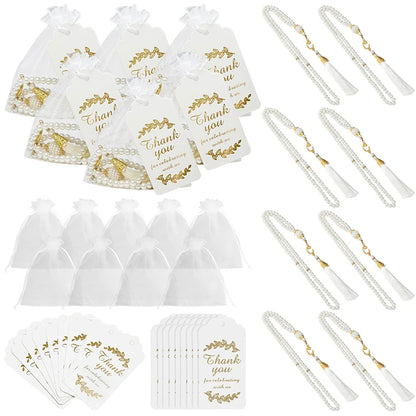 15/30Pcs Ramadan Glass Pearl Muslim Bracelet Prayer Beads Tassel Thank You Card Organza Bags Eid Mubarak Favor Gift for Home