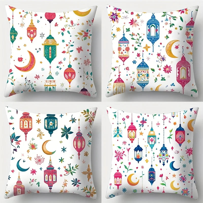 4Pc Bohemian Ramadan Lantern Throw Pillow Covers with Crescent Moon Floral Leaf Print Cushion Cases for Sofa Living Room Bedroom