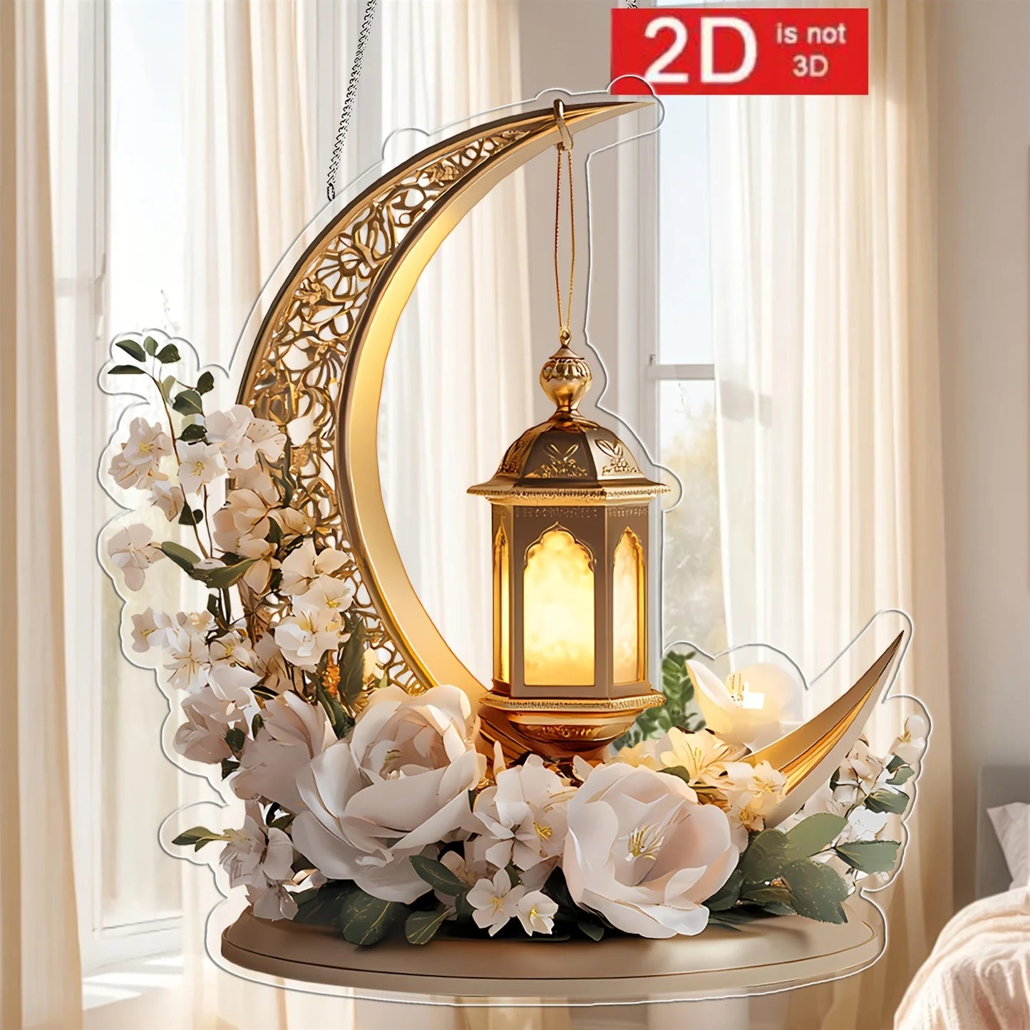1Pcs Ramadan Golden Moon Hanging Decoration with Lighted Lantern Floral Decoration Eid Al-Fitr Islamic Style Hanging Ornament