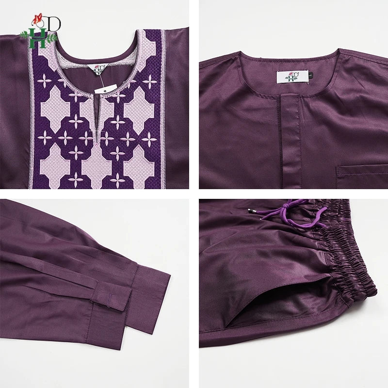 H&D Men Casual Loose Kaftan Muslim Thobe Jubba Dishdasha Thawb Dress 3PCS Agbada Set Arab Purple Color Embroidered Robe New 2026