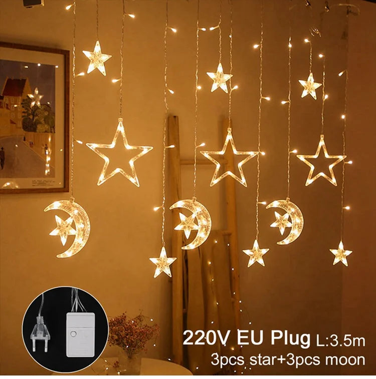 Moon Star Led Curtain Garland String Light EID Mubarak Ramadan Decorations 2025 Home Decor Islam Muslim Event Party Supplies