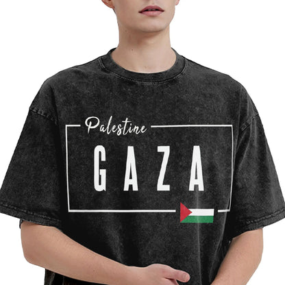 Funny Gaza Palestine Flag T-Shirt Men Round Neck Cotton Washed T Shirt  Short Sleeve Tees Party Clothing