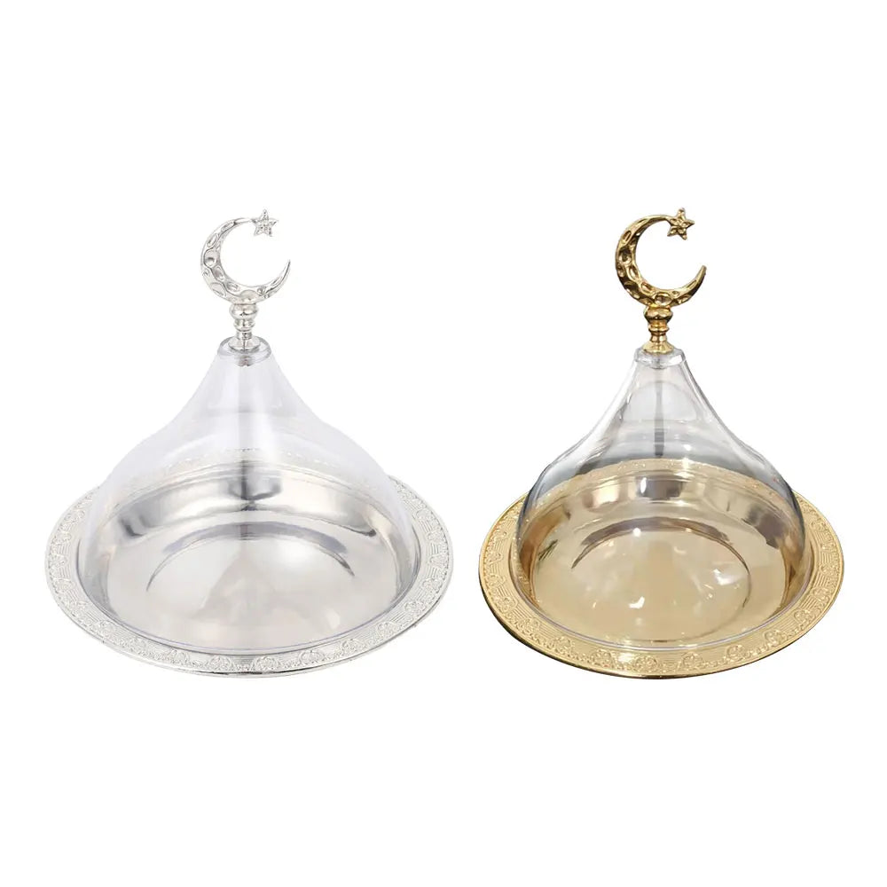 Ramadan Cake Tray with Clear Dome Lid Eid Metal Eid Mubarak Candy Tray Reusable Dessert Box Food Storage Organizer Nuts, Candies