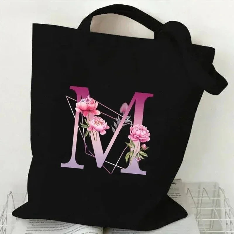 Noir Florale – Black Purple Alphabet Canvas Shoulder Tote