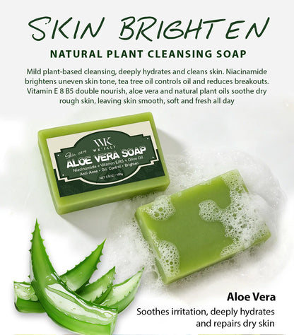 WK Natural Aloe Vera Soap, Clean Skin, Anti Acne, Oil Control, Brighten, With Niacinamide, Vitamin E, Olive Oil, For Face, Body