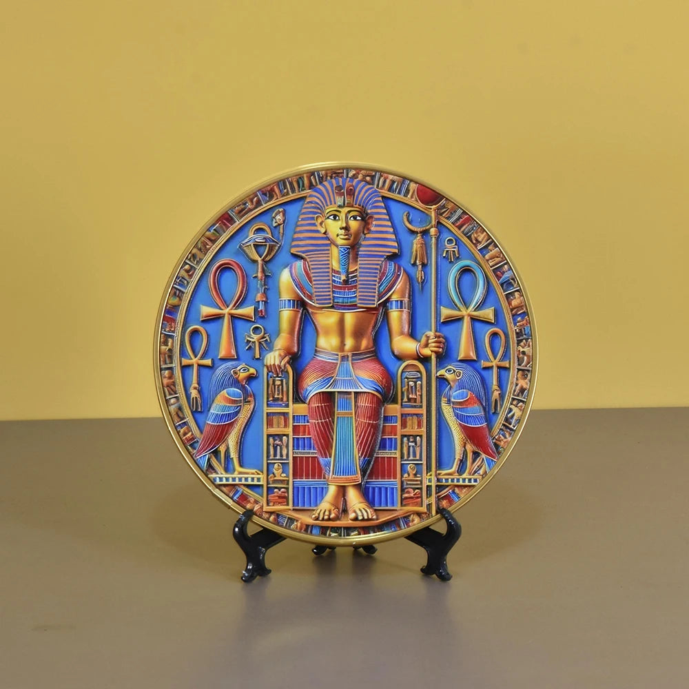Pharaoh Circular Relief Plaque – 20cm Egyptian Pyramid Resin Desktop Decor
