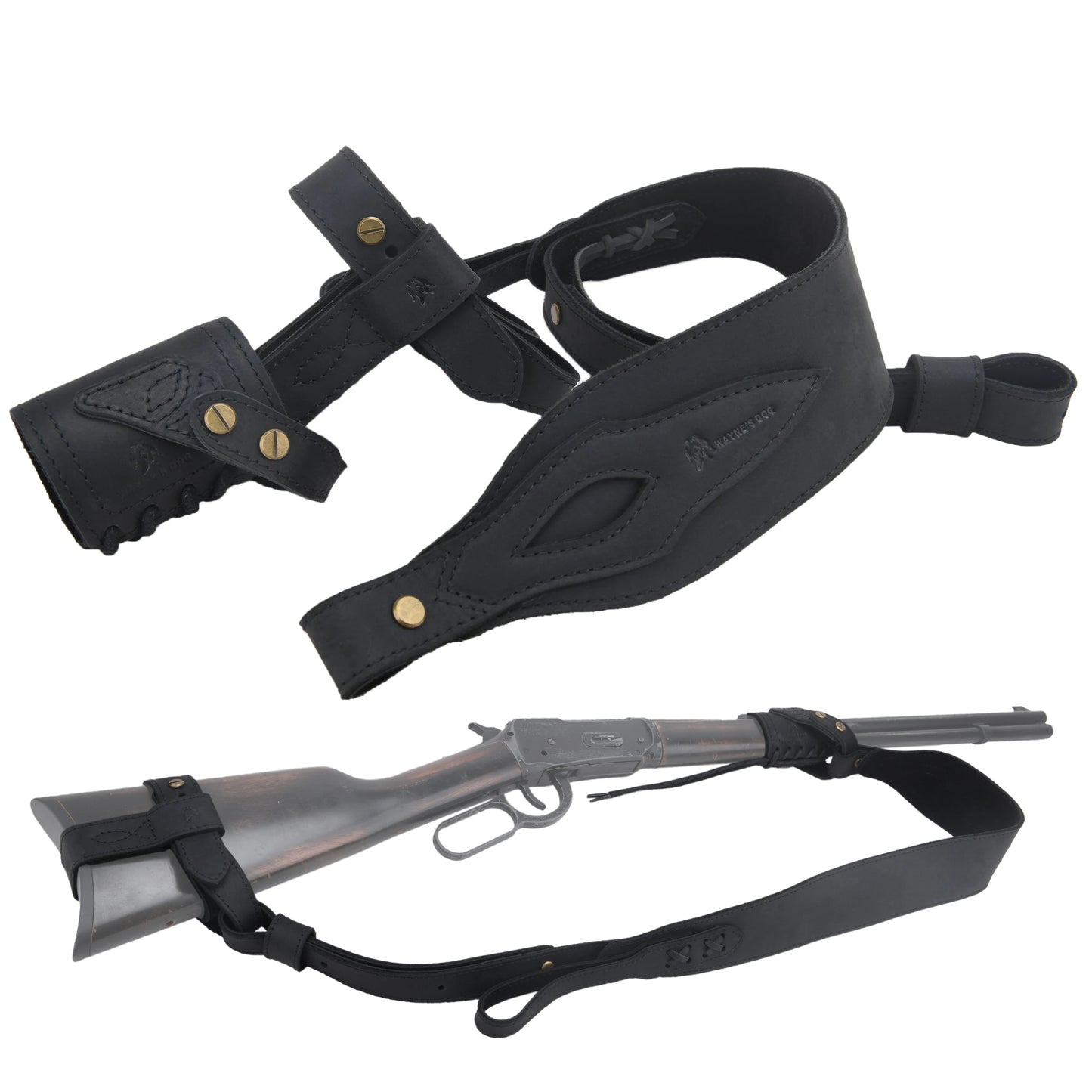 WAYNE'S DOG 1 Combo LeatherRifle Gun No Drill Harnessed Buttstock Holder with Barrel Mount with Matched Gun Sling Shoulder Strap