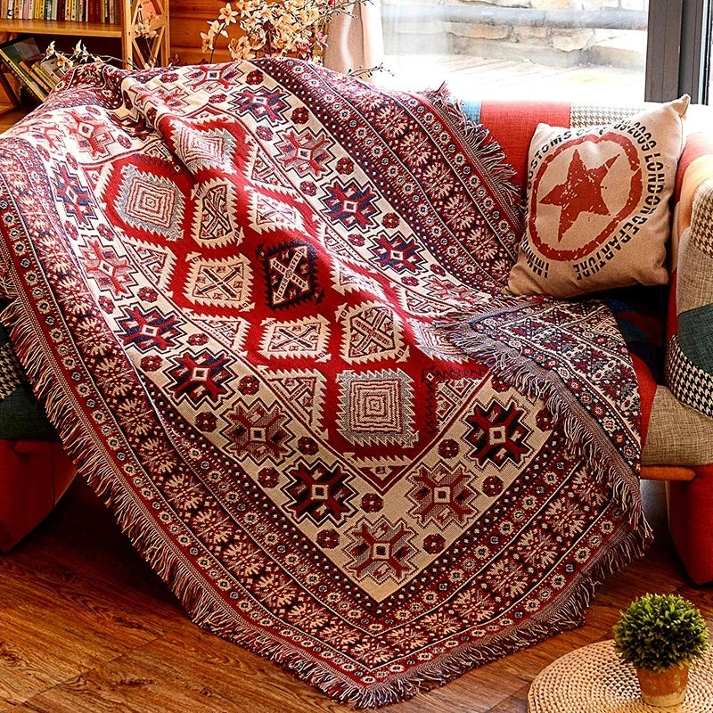Retro Plaid Winter Cotton Linen Woven Line Blanket Sofa Towel Knit Thickened Warm Pad Mat Bohemian Boho Throw Travel Bedspread