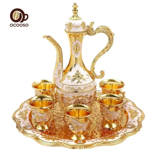 Vintage Turkish Teapot Set – Mini Metal Coffee Cups & Tray, 6-Piece Wedding Gift