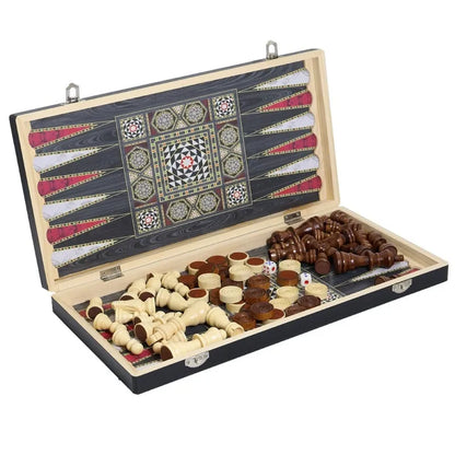 Luxury Knight Wooden 3-in-1 Chess Backgammon Foldable Intellectual Entertainment Game Portable Board Multiple Modes