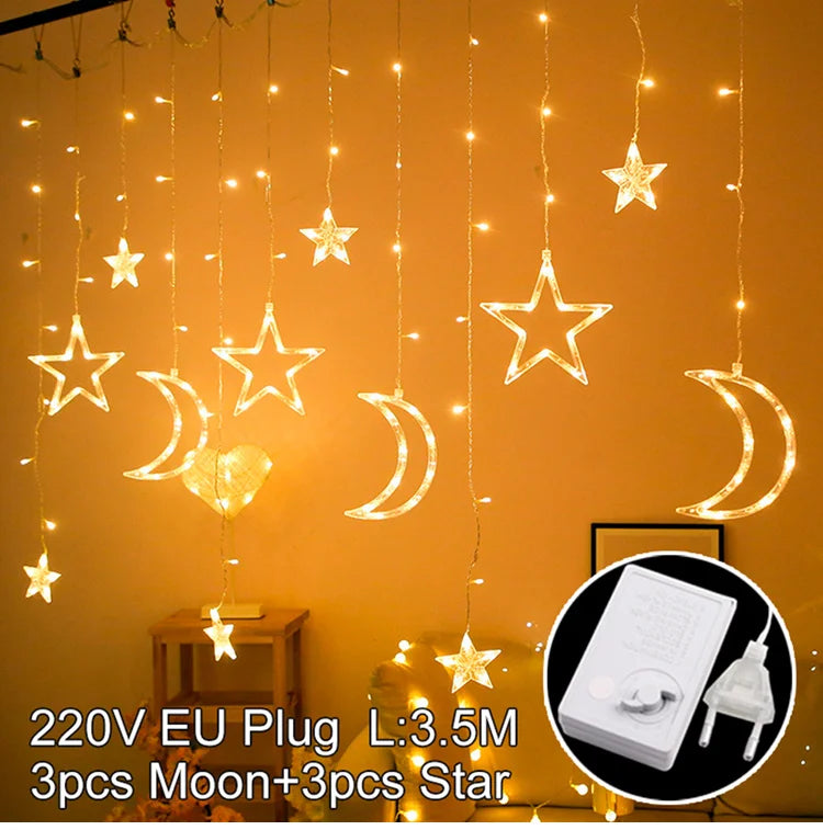 Moon Star Led Curtain Garland String Light EID Mubarak Ramadan Decorations 2025 Home Decor Islam Muslim Event Party Supplies