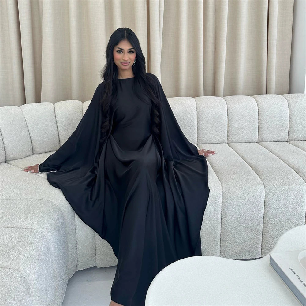 Eid Muslim Kaftan Satin Batwing Abaya Dubai Luxury Arabic African Dresses Abayas For Women Caftan Marocain Robe Femme Musulmane