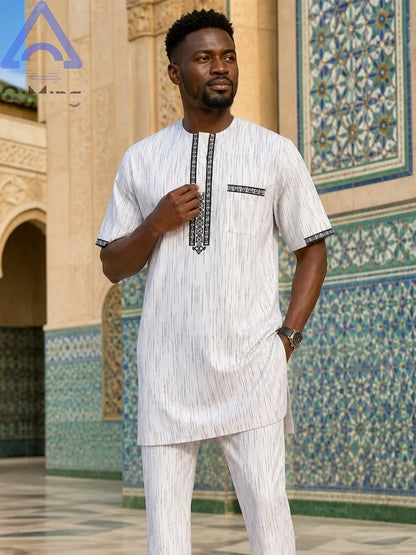 QiMing Men's Cotton Muslim Wedding Clothing Two-Piece White Boubou with Embroidery And Stripe Caftan Moroccan Modest Prayerwear