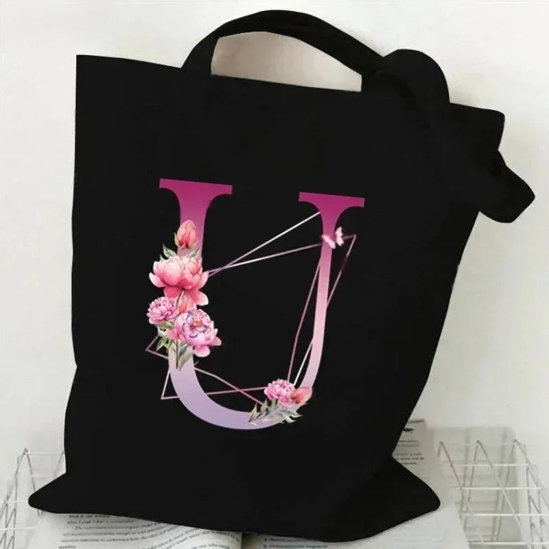Noir Florale – Black Purple Alphabet Canvas Shoulder Tote