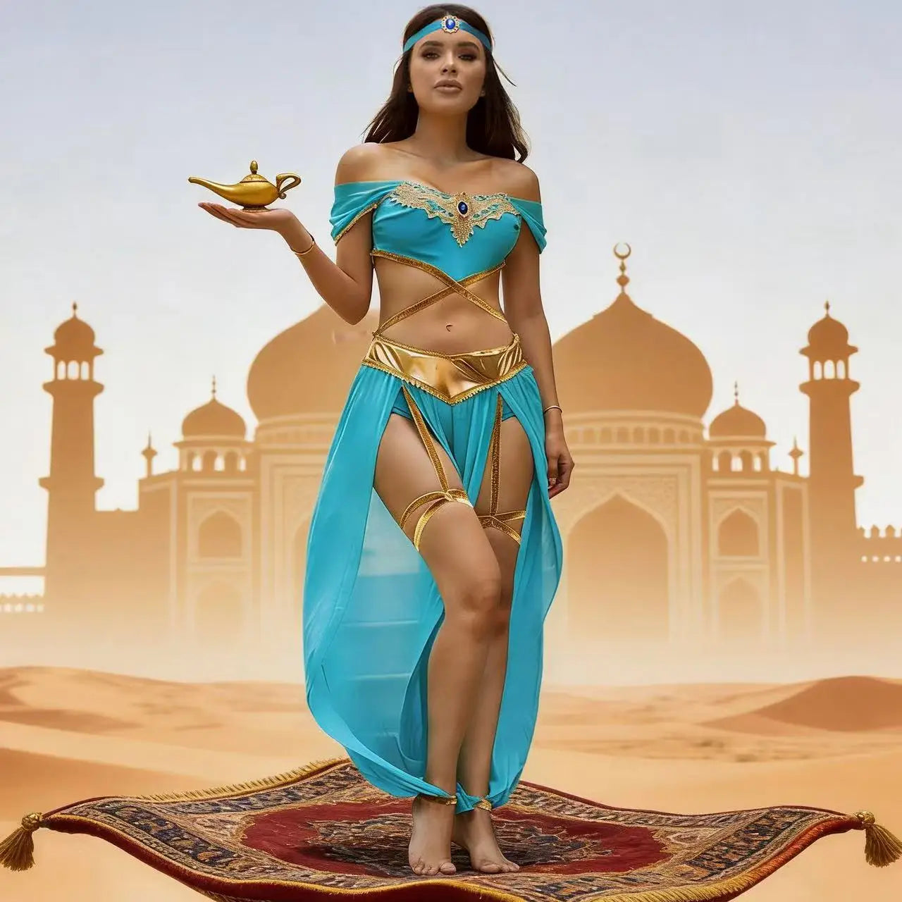New Arrival In Stock Halloween Aladdin Jasmine Princess Cosplay Sexy Role Play Performance Costume Blue Stage Outfit
