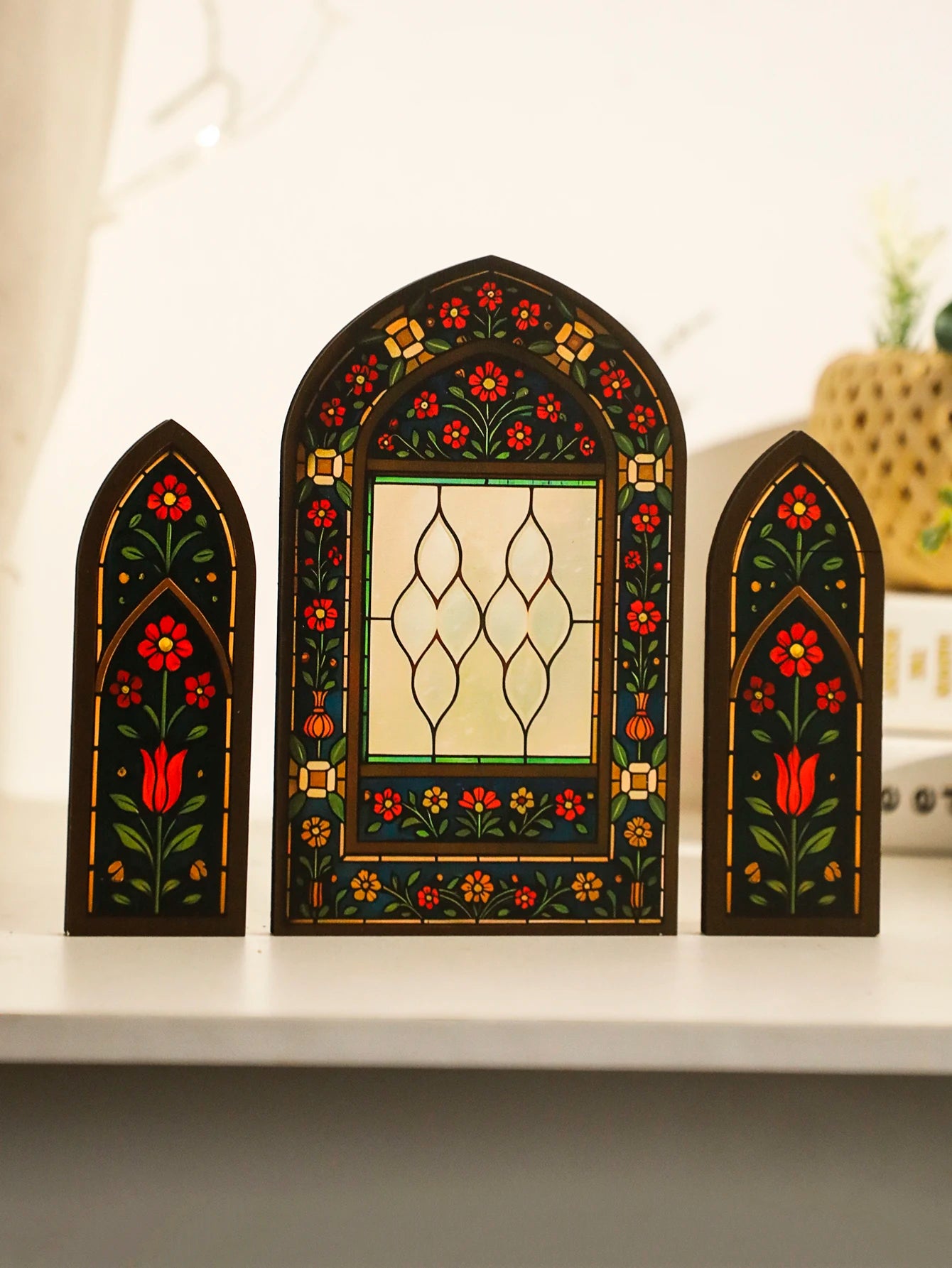 3Pcs/Set Islamic Geometric Arch Decor Golden & Floral Acrylic Table Ornaments Wooden Festive Home Decor for Ramadan & Eid Gifts